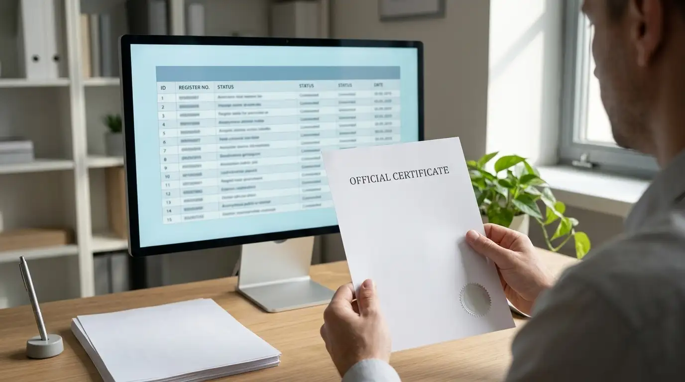 Hands comparing a printed licence certificate against a register entry on a screen