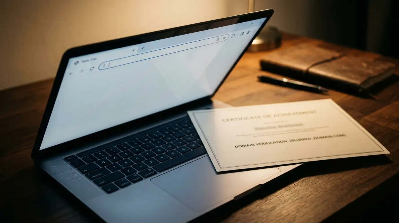 Laptop browser address bar beside a printed certificate listing a single domain name