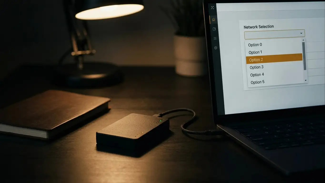 Desk with a hardware wallet and a laptop showing a network selection screen