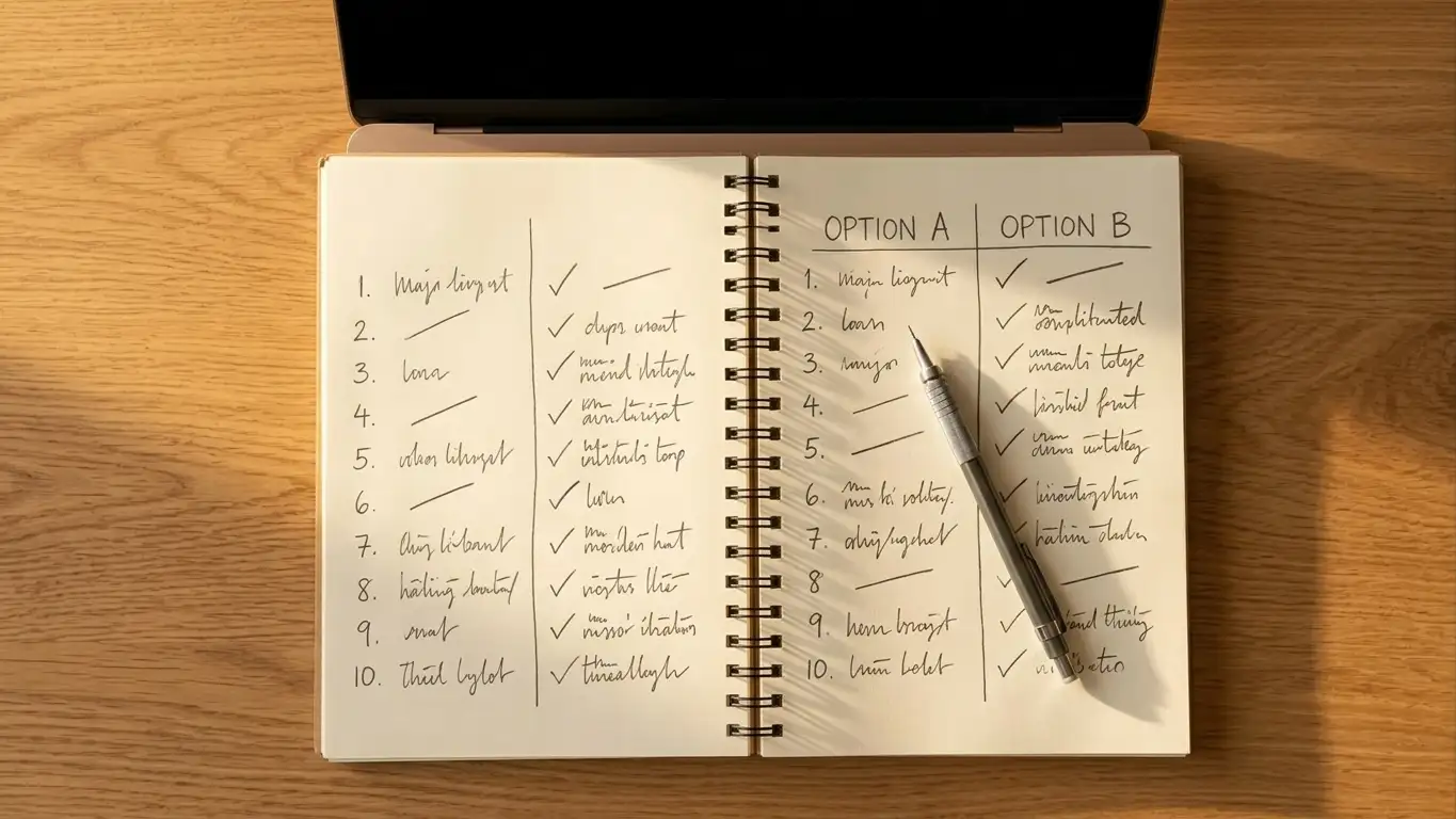 Notepad with handwritten notes comparing network options next to an open laptop