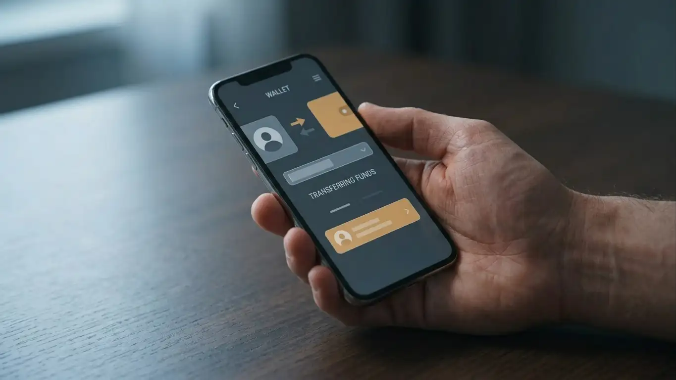Hand holding a phone showing a crypto wallet transfer screen with a small amount