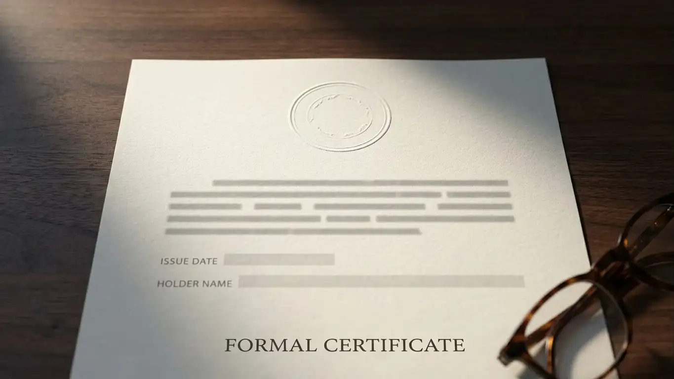 Neutral gaming licence document with an official stamp on a wooden desk