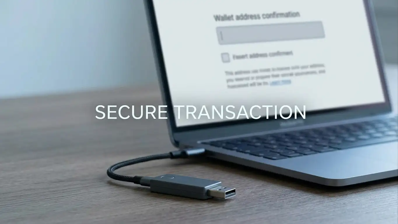Laptop showing a wallet address confirmation screen beside a hardware wallet on a plain desk