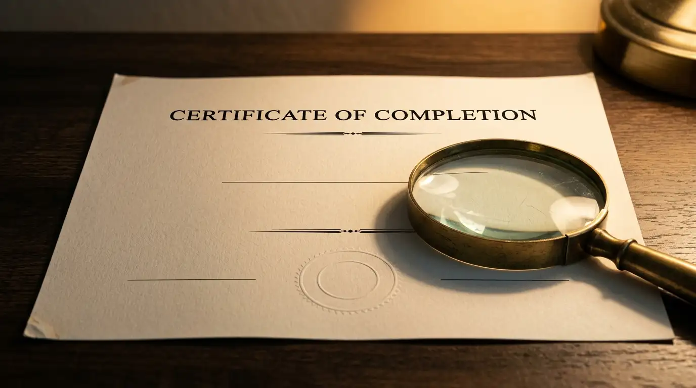 Plain licence document on a desk with a magnifying glass resting on it