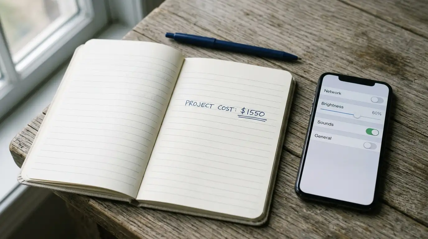 Notebook with a written spending limit beside a phone showing a neutral account settings screen