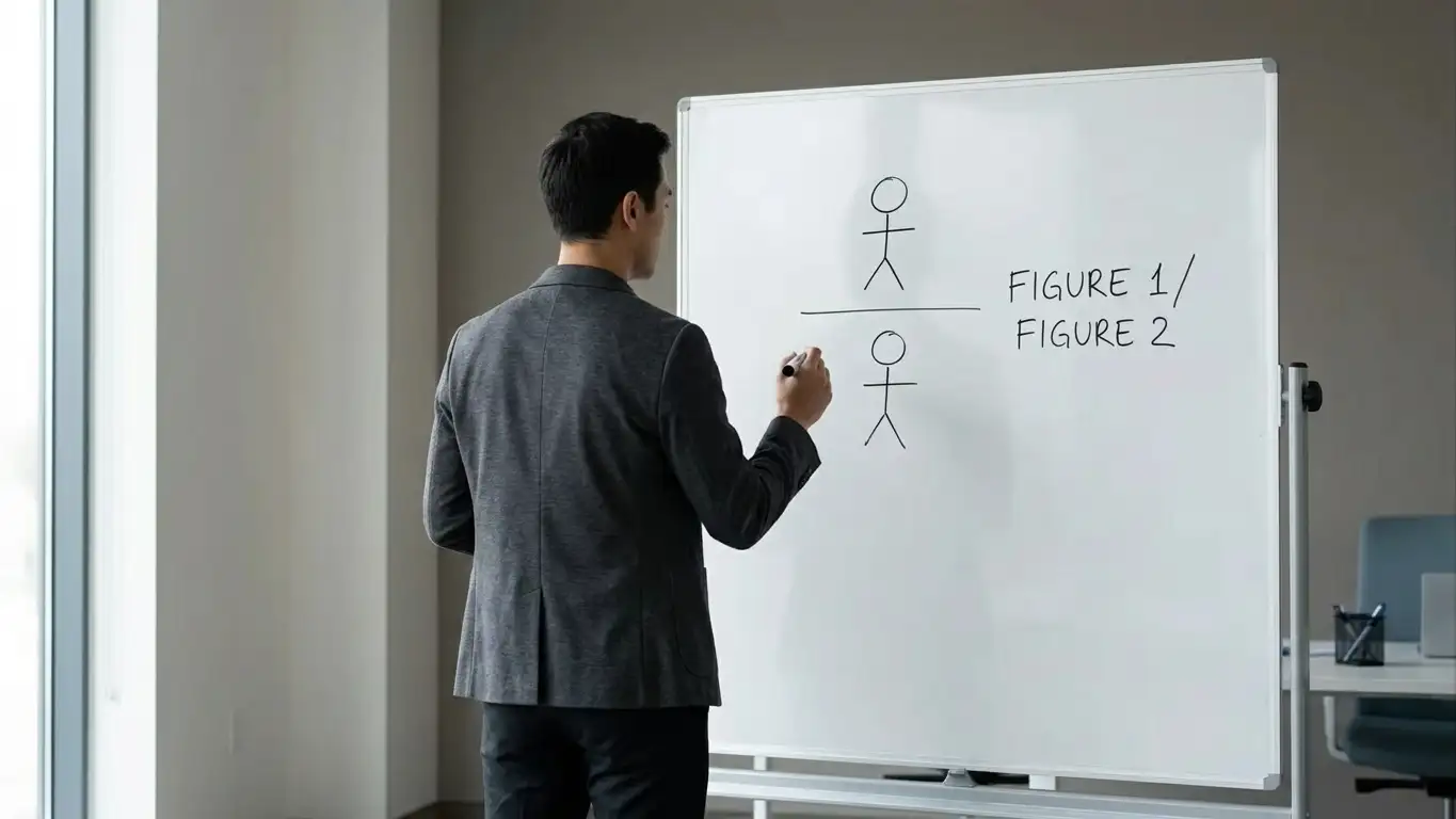 Person comparing two figures written on a whiteboard with a marker in hand