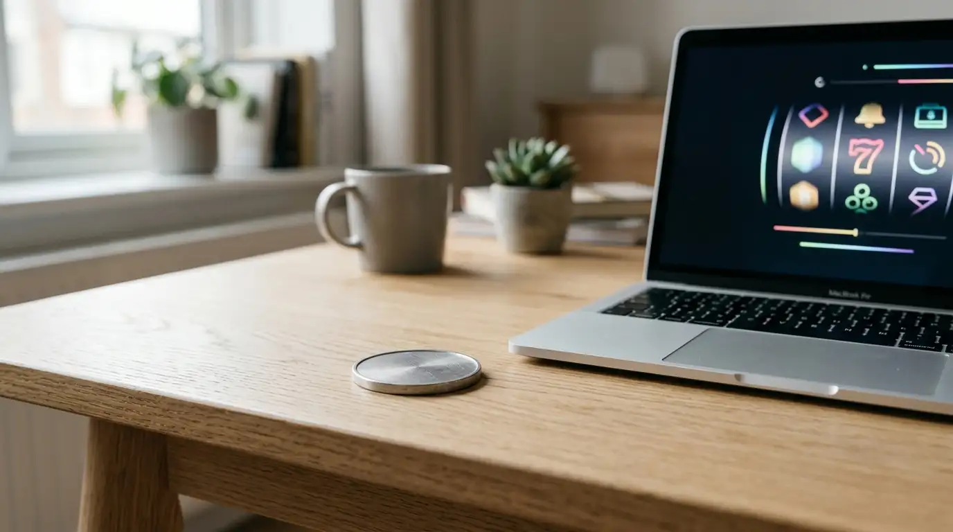 Single small token resting on a desk beside a laptop showing online pokies reels