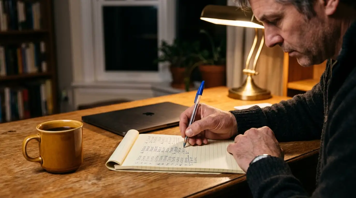 Person working through wagering figures with pen and notepad at a home desk