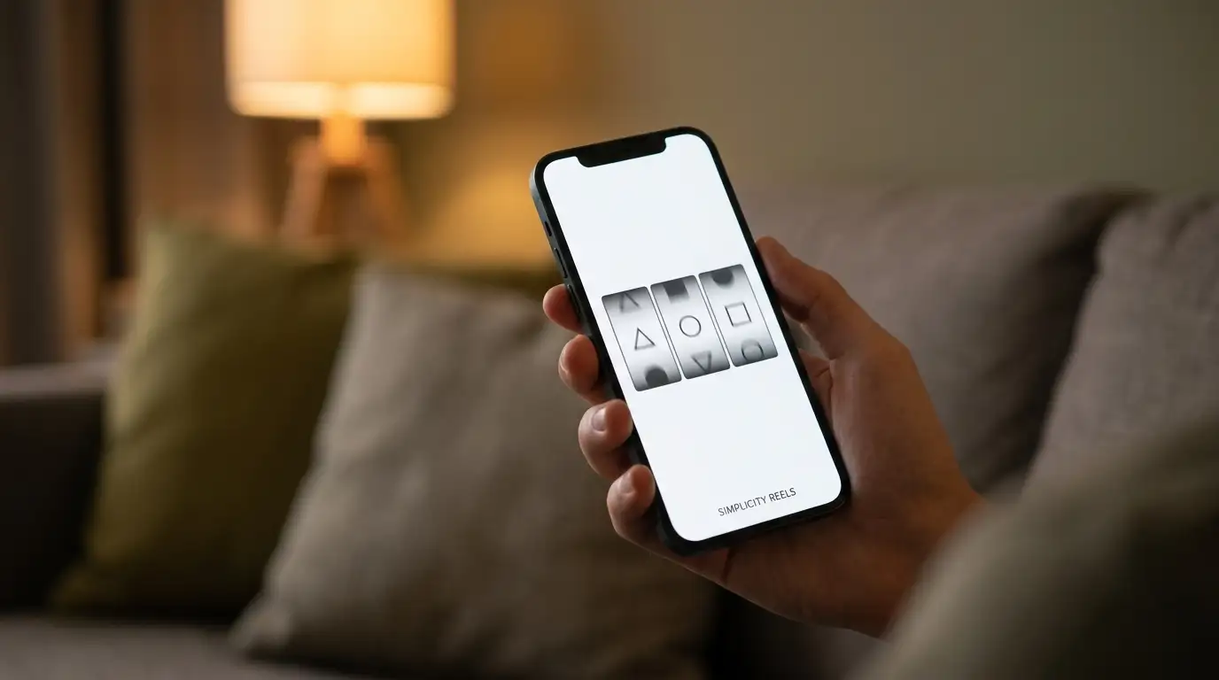 Hand holding a phone with generic spinning reels on the screen in a lounge room