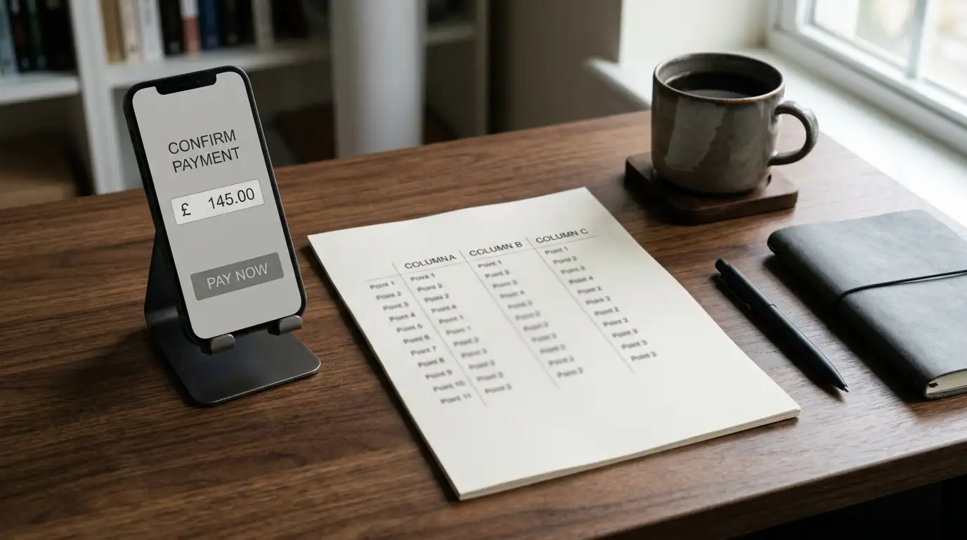 Desk with an open comparison document and a phone showing a neutral cashier screen