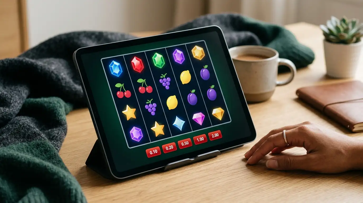Generic pokie reels on a tablet screen showing a low minimum bet setting