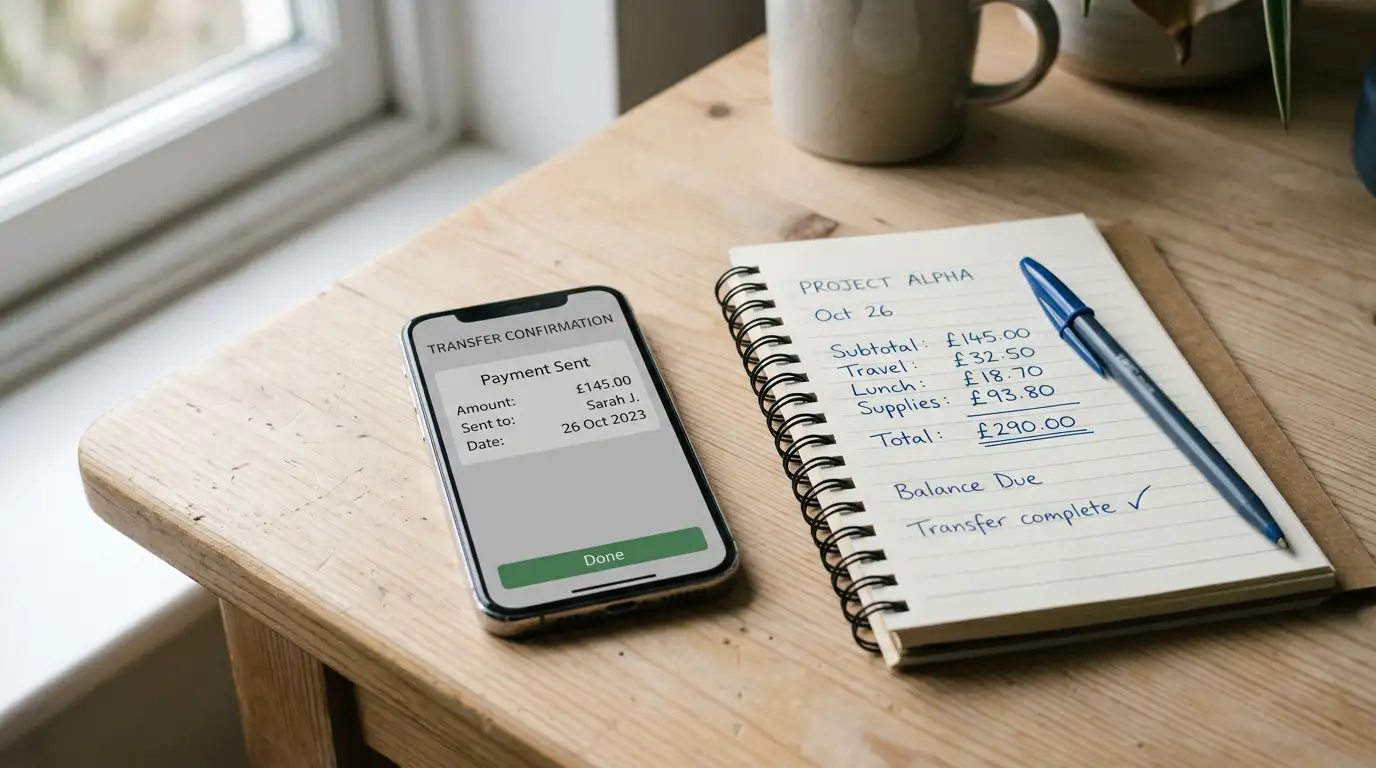 Smartphone banking app beside a notepad showing a five dollar PayID casino no deposit bonus calculation