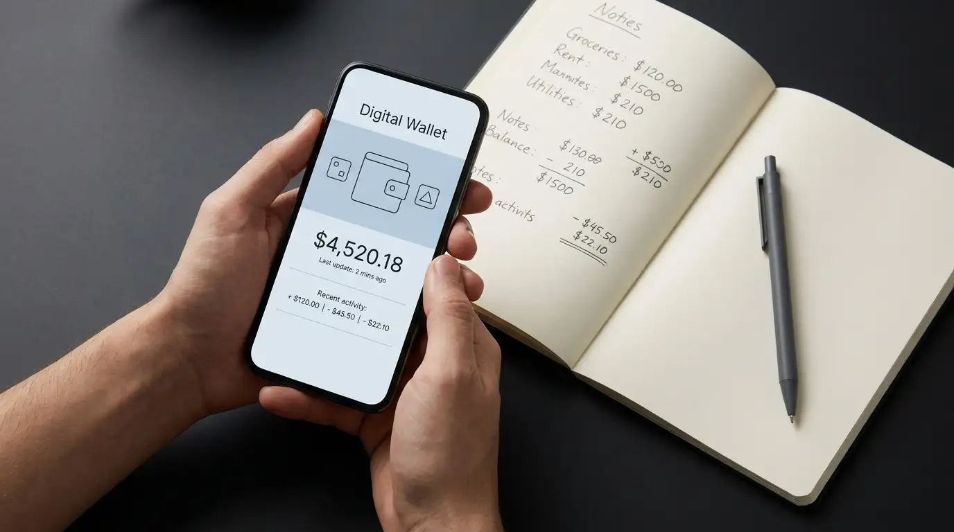 Hands holding a phone with a digital wallet balance beside an open notebook