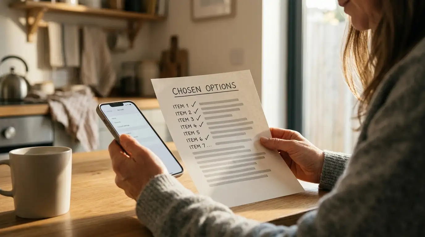Person comparing wallet account details on a phone and a printed shortlist