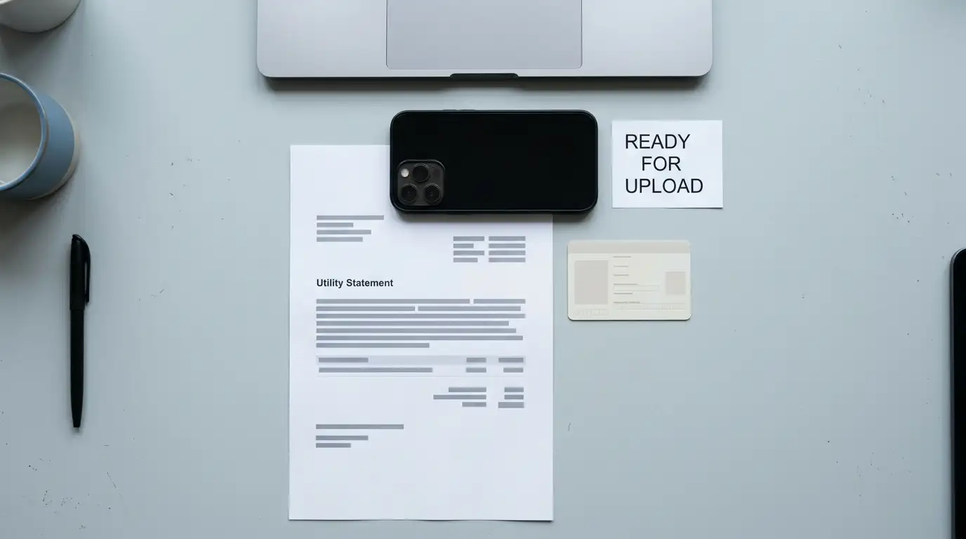 Identity documents laid out beside a laptop for an account verification upload