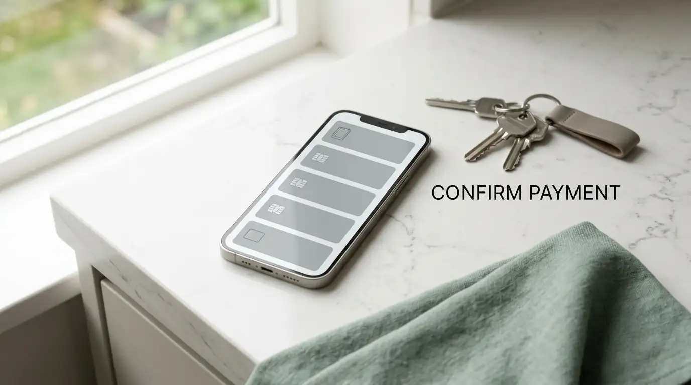 Smartphone on a kitchen bench showing a neutral payment selection screen with several unbranded options