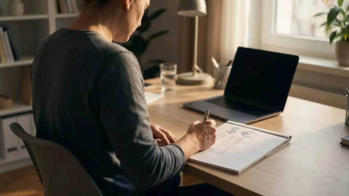 Person at a desk working through figures with a pen and notepad, currency symbols sketched on the page