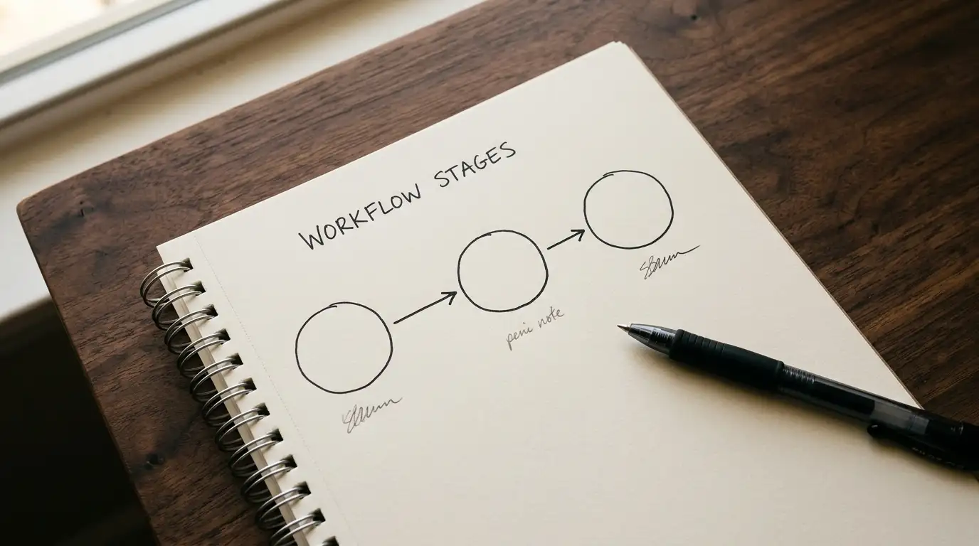 Hand-drawn three-stage flow diagram on a notepad showing a payment route between three points
