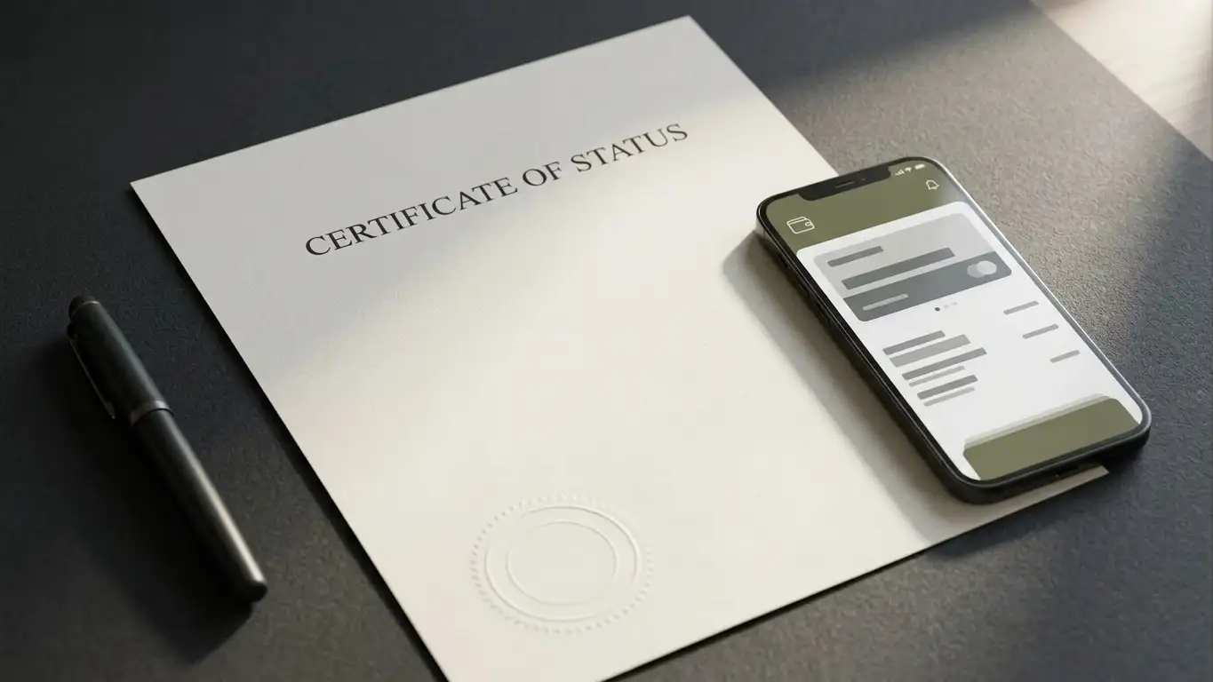 Neutral e-money licence certificate on a desk beside a smartphone with a wallet app open