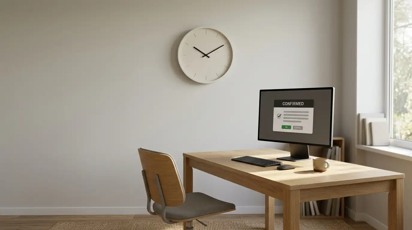 Wall clock above a tidy desk with a payout request open on a monitor