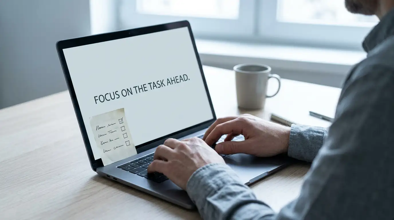 Hands on a laptop keyboard with a simple checklist written on paper alongside