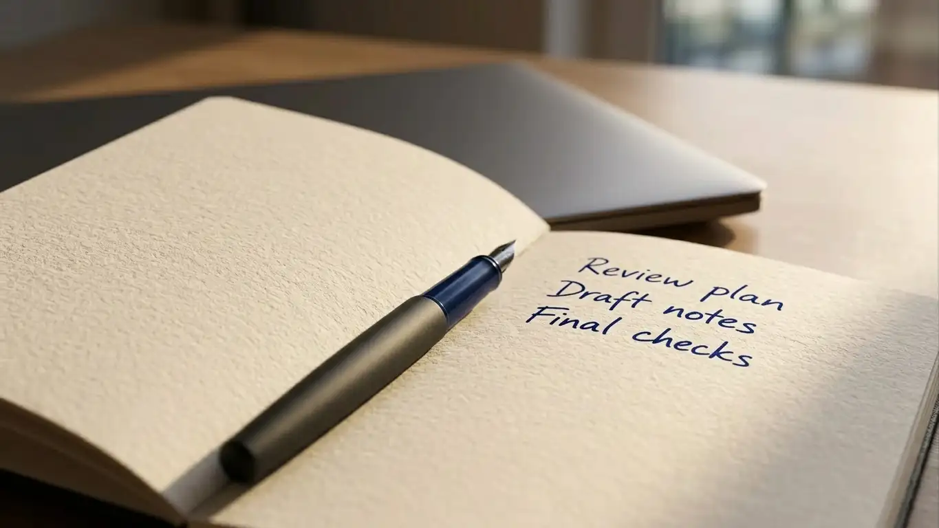 Notepad with handwritten ranking criteria beside a laptop on a plain desk