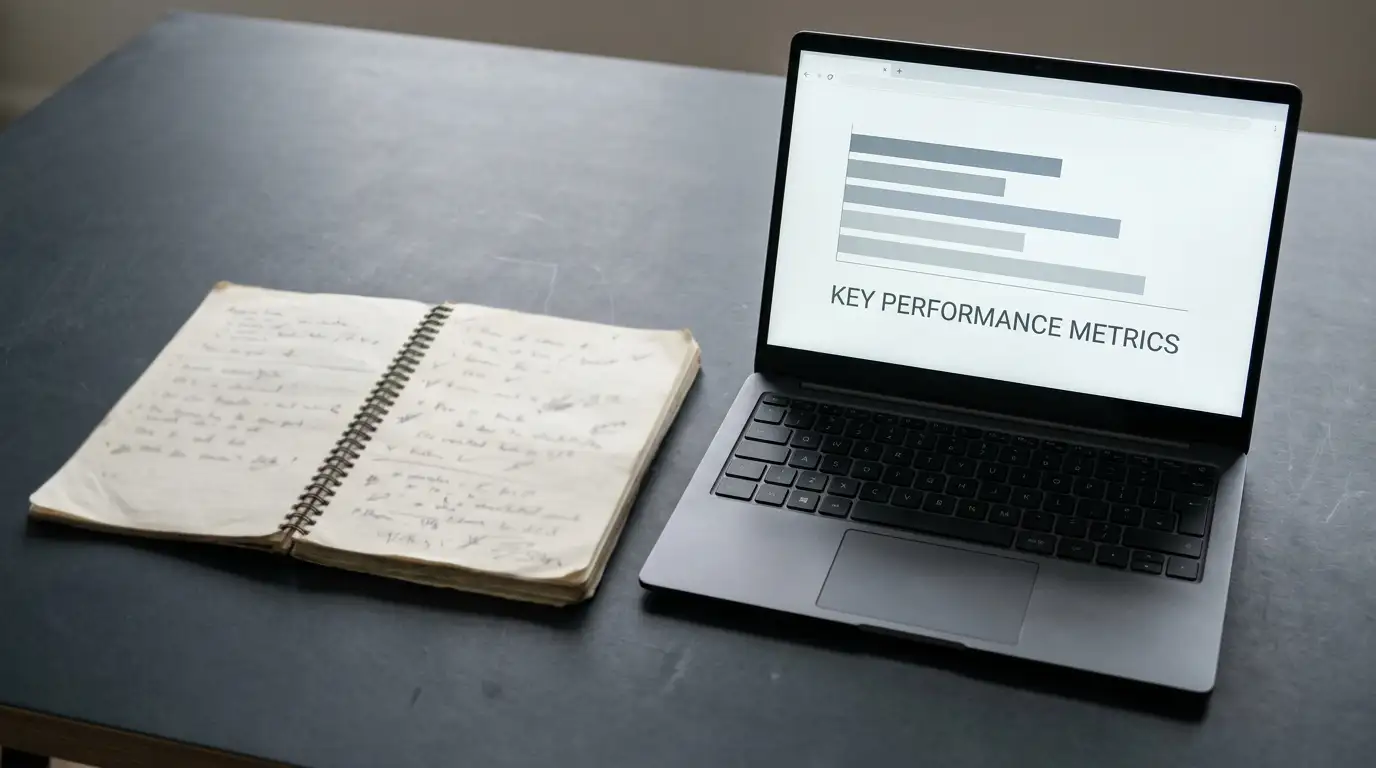 Notebook of handwritten test observations beside a laptop displaying a plain comparison chart