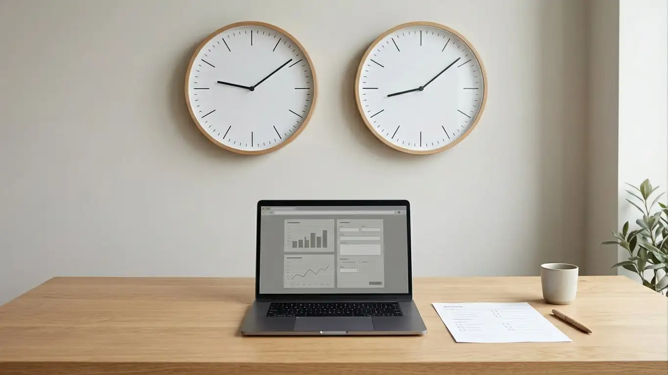 Two wall clocks side by side above a desk with a withdrawal request on screen