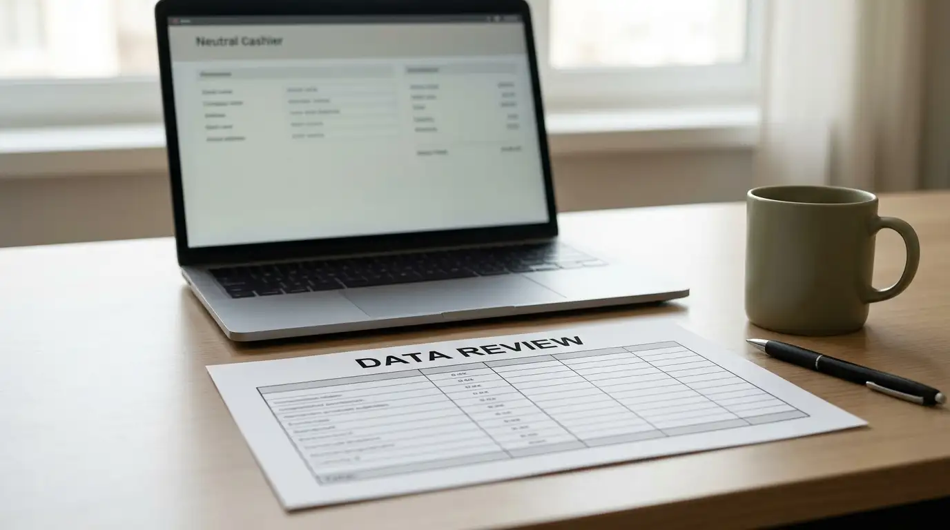 Desk with a printed comparison sheet of casino sites and a laptop open to a neutral cashier page