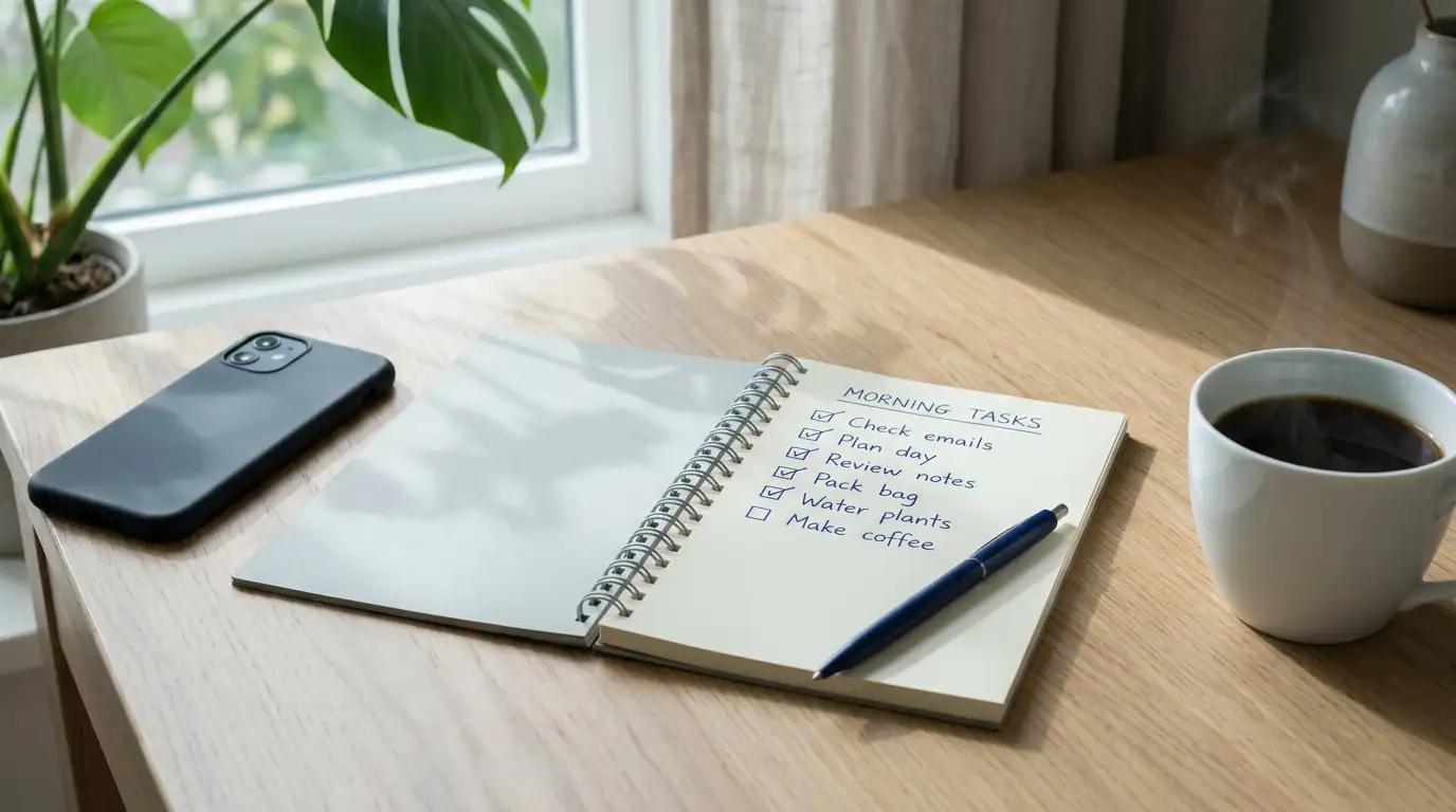 Notepad checklist beside a phone and coffee cup on a morning desk
