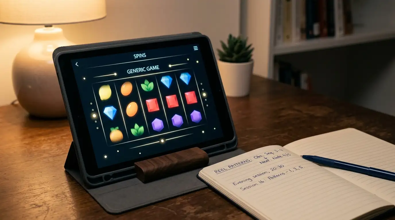 Generic spinning reels on a tablet screen with a notebook listing spin conditions