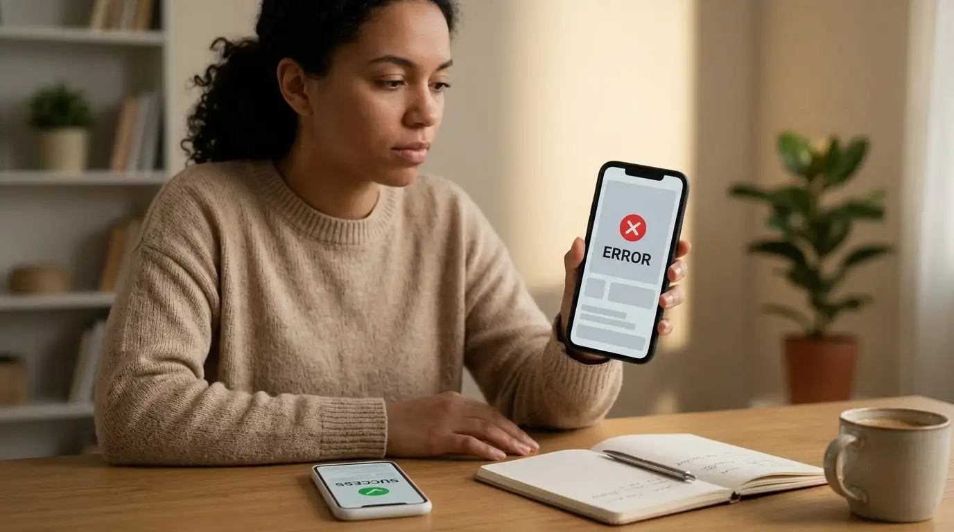 Phone showing a declined card payment next to a successful PayID transfer at an online casino