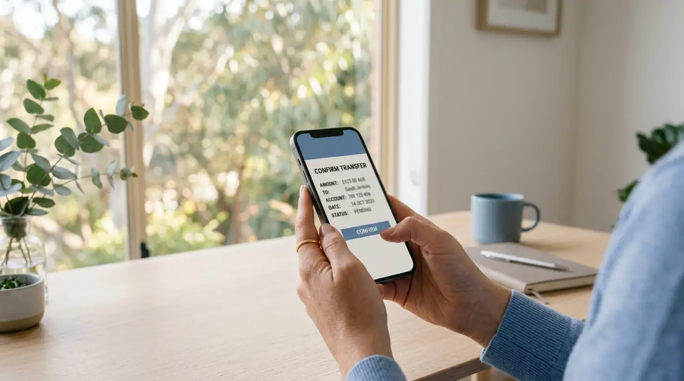 Instant PayID withdrawal on a phone in an Australian home office