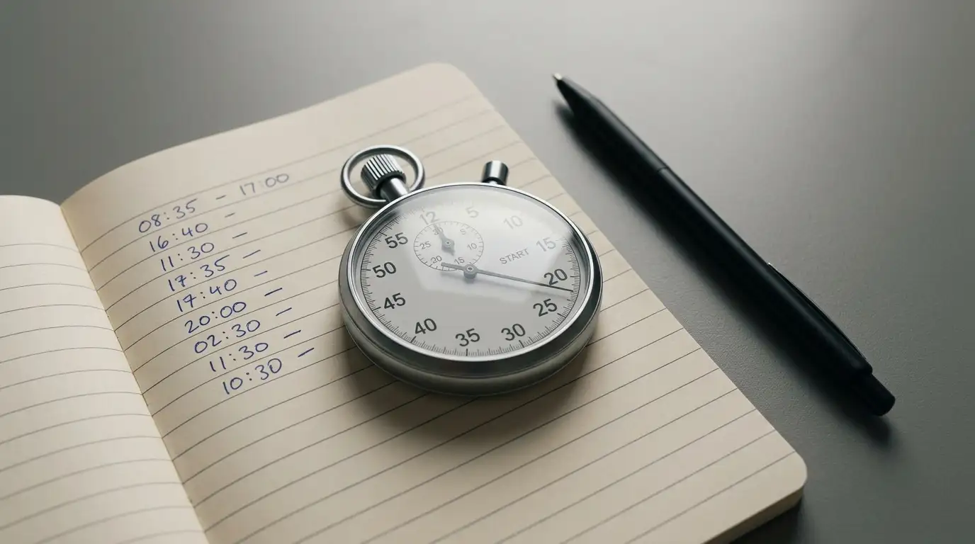 Stopwatch on a desk next to a notepad listing withdrawal times