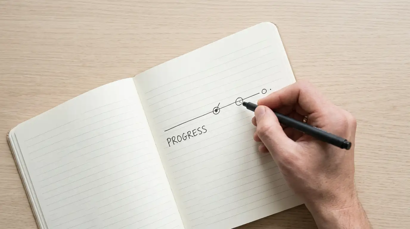 Hand marking stages on a simple timeline drawn in a notebook