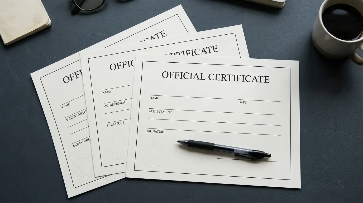 Desk with several neutral licence documents showing the same registration number
