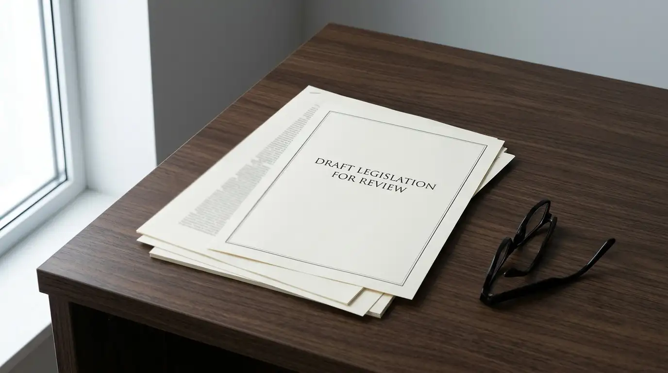 Printed legislation pages and a neutral licence document on an office desk in daylight