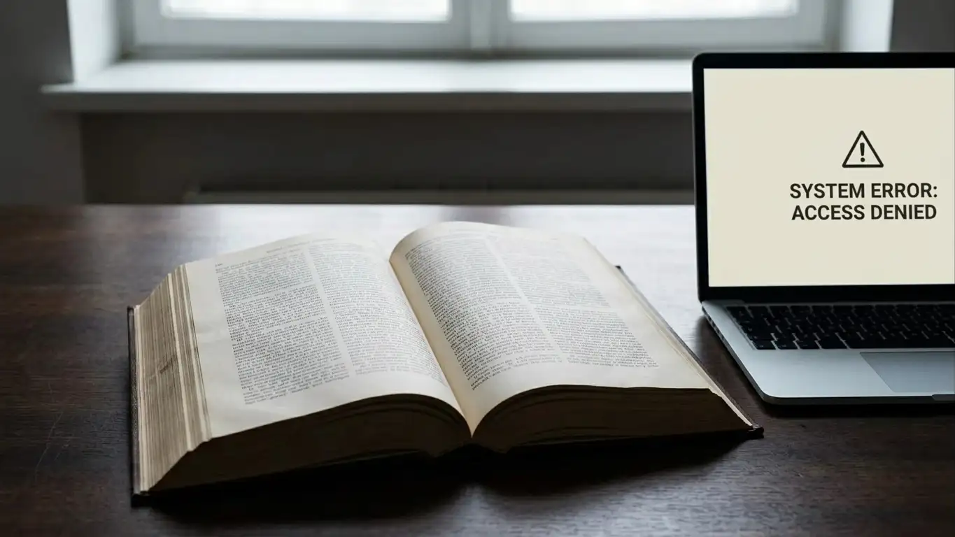 Open legislative volume on a desk beside a laptop showing a blocked page notice