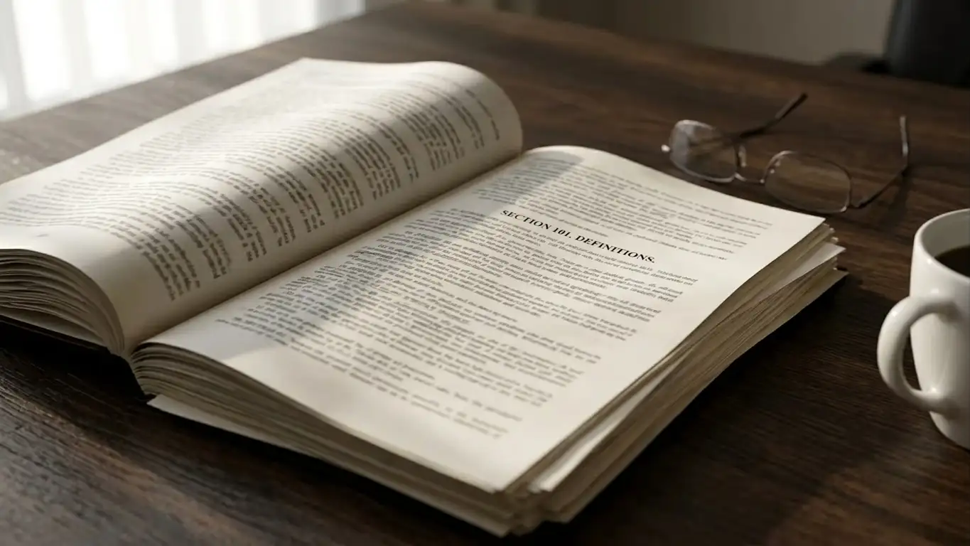 Printed federal statute pages on a desk beside reading glasses in soft daylight