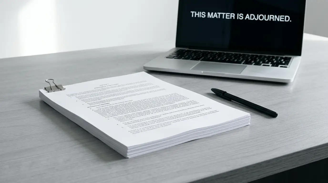 Printed federal statute pages on a plain desk beside a closed laptop in daylight
