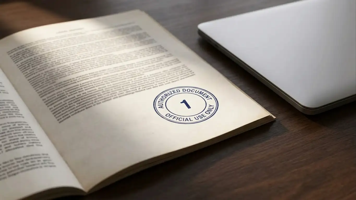 Open legislation document with an official stamp on a desk beside a closed laptop