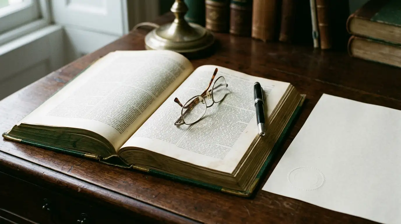 Open statute volume on a desk beside a plain stamped document, soft daylight from a side window