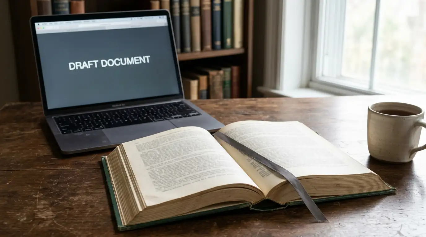 Open legislative document beside a laptop displaying a neutral regulator webpage in a quiet office