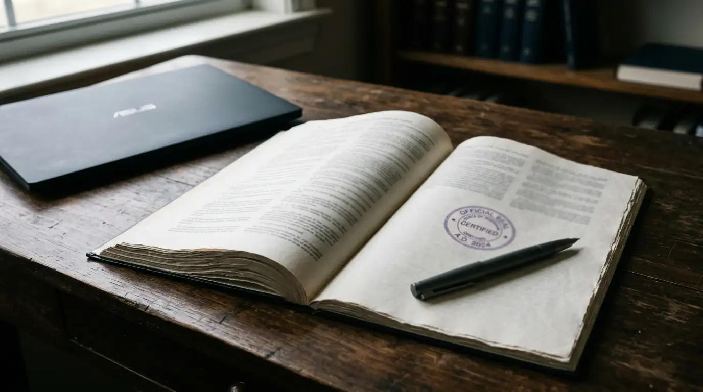 Australian legislation document with an official stamp beside a laptop on a desk