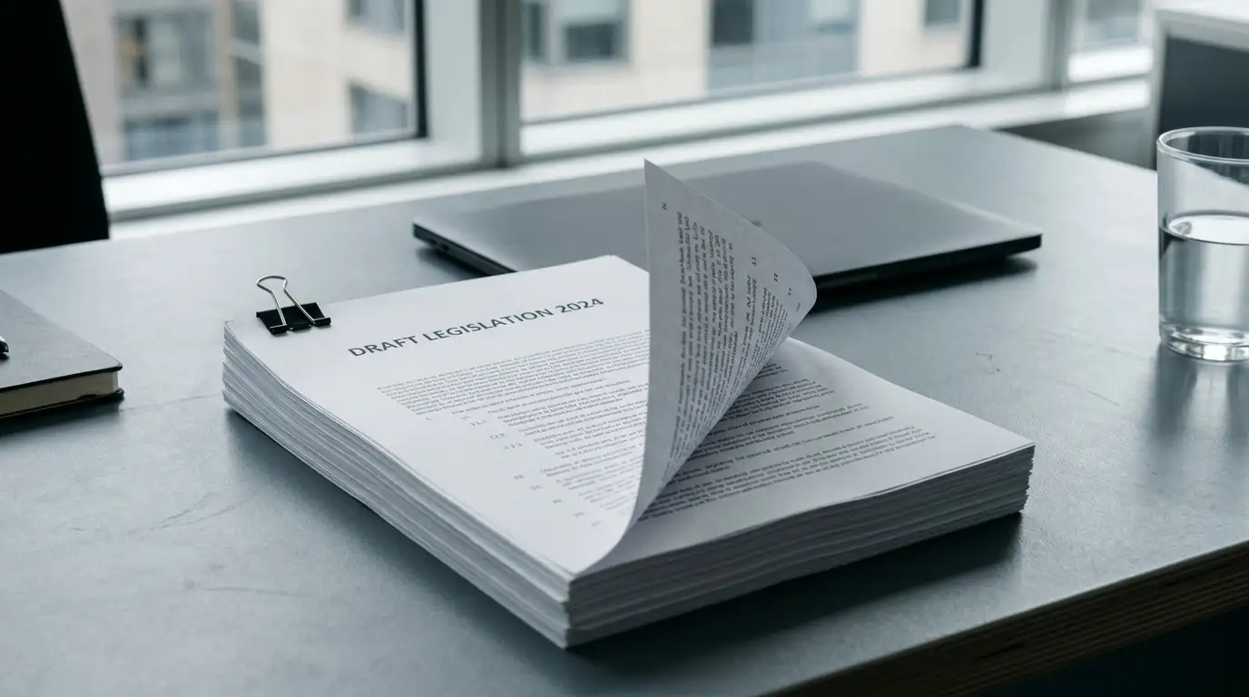 Printed Australian legislation pages beside a laptop in a quiet office