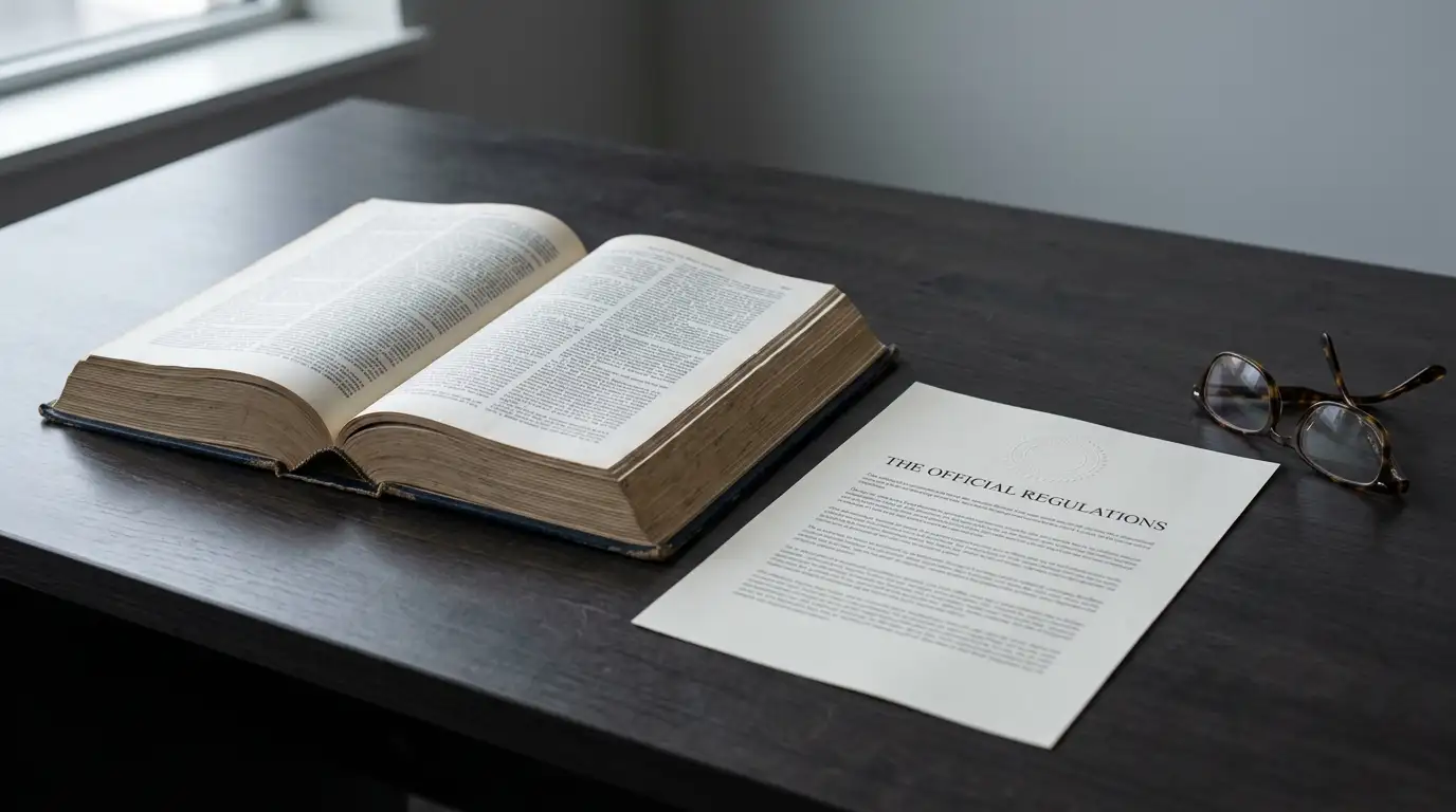 Open statute volume and printed regulatory notice on a plain office desk