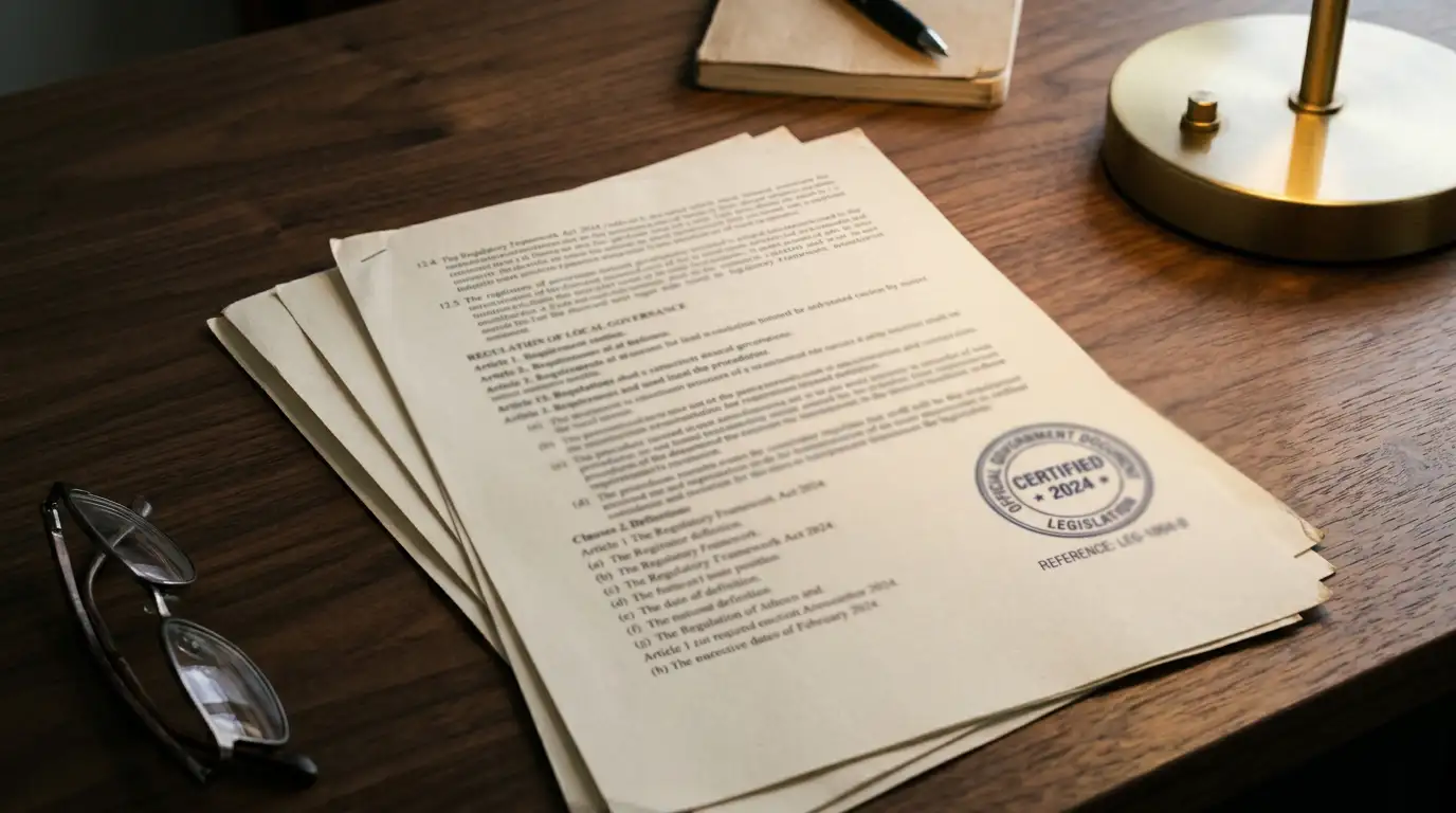 Printed statute pages with a plain official stamp resting on a desk under a reading lamp