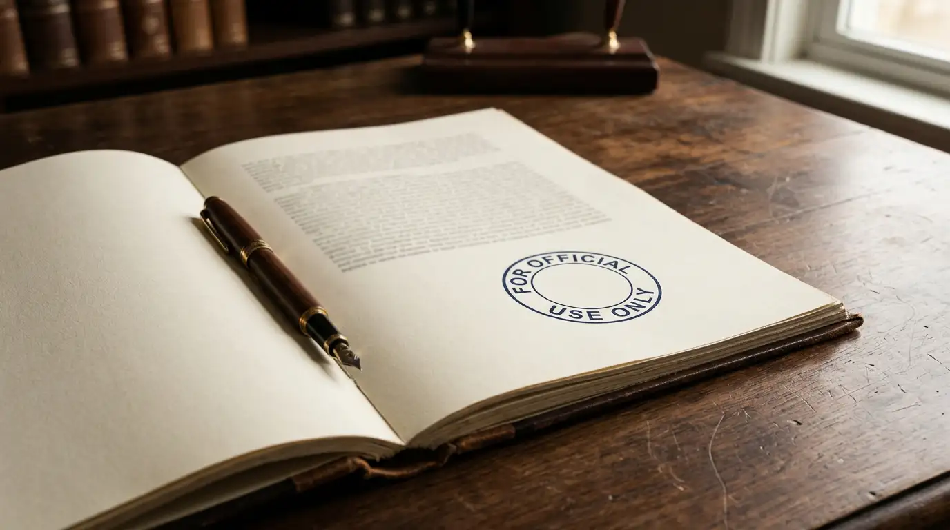 Open legislative document with an official stamp on a wooden desk in daylight