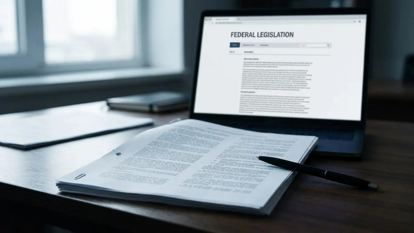 Printed federal legislation pages on a desk beside a laptop showing a plain regulator page