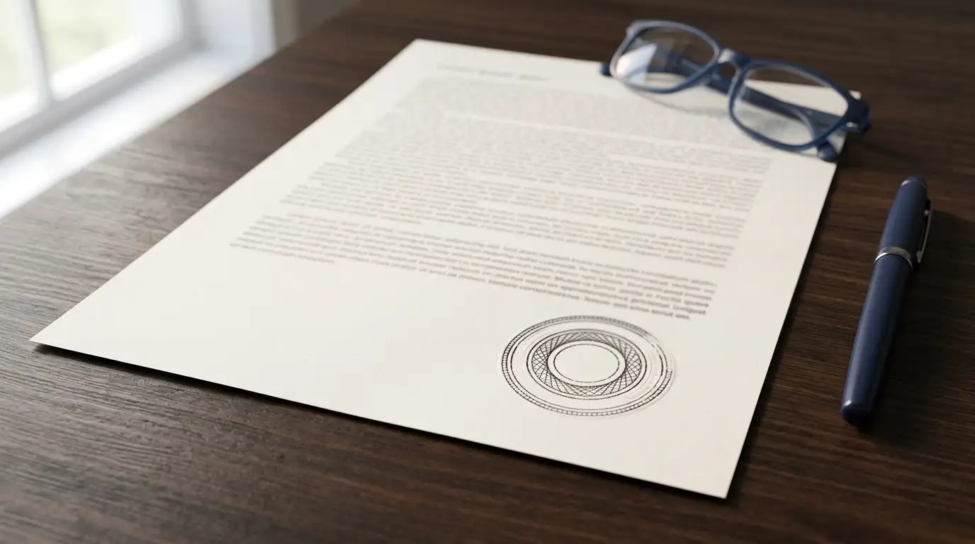 Neutral government-style document with an official stamp on a desk in soft daylight